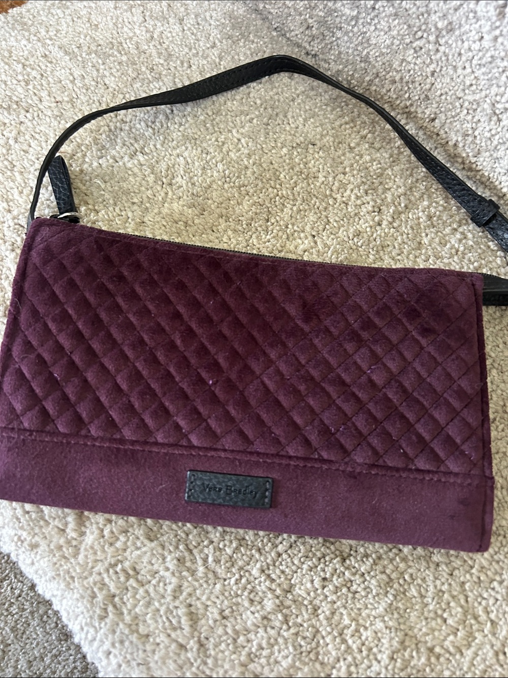Quilted Plum faux suede Shoulder Bag with Black Strap